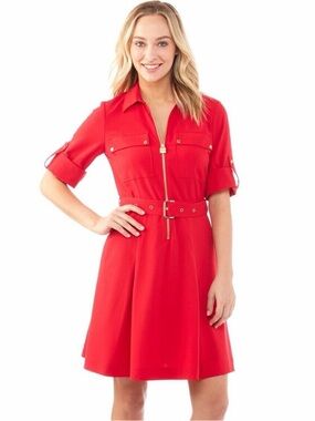 Michael Kors Red Zip-Front Belted Shirt Dress